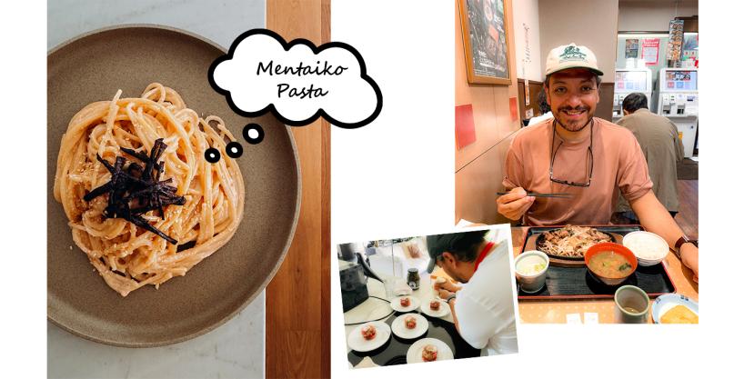 Collage aus einem Bild mit Spaghetti und einem Bild mit Sushi und einem Bild mit einem Mann, der isst.
