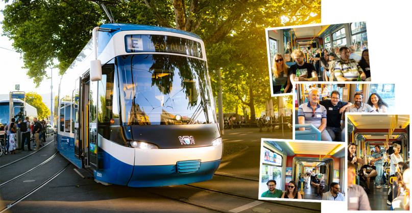 Collage Tram von Aussen und ein paar Fotos von Teilnehmenden