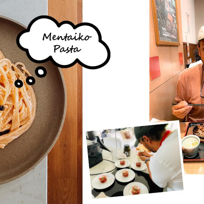 Collage aus einem Bild mit Spaghetti und einem Bild mit Sushi und einem Bild mit einem Mann, der isst.